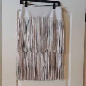 BCBG Maxazria "Rashell" faux leather fringe skirt.